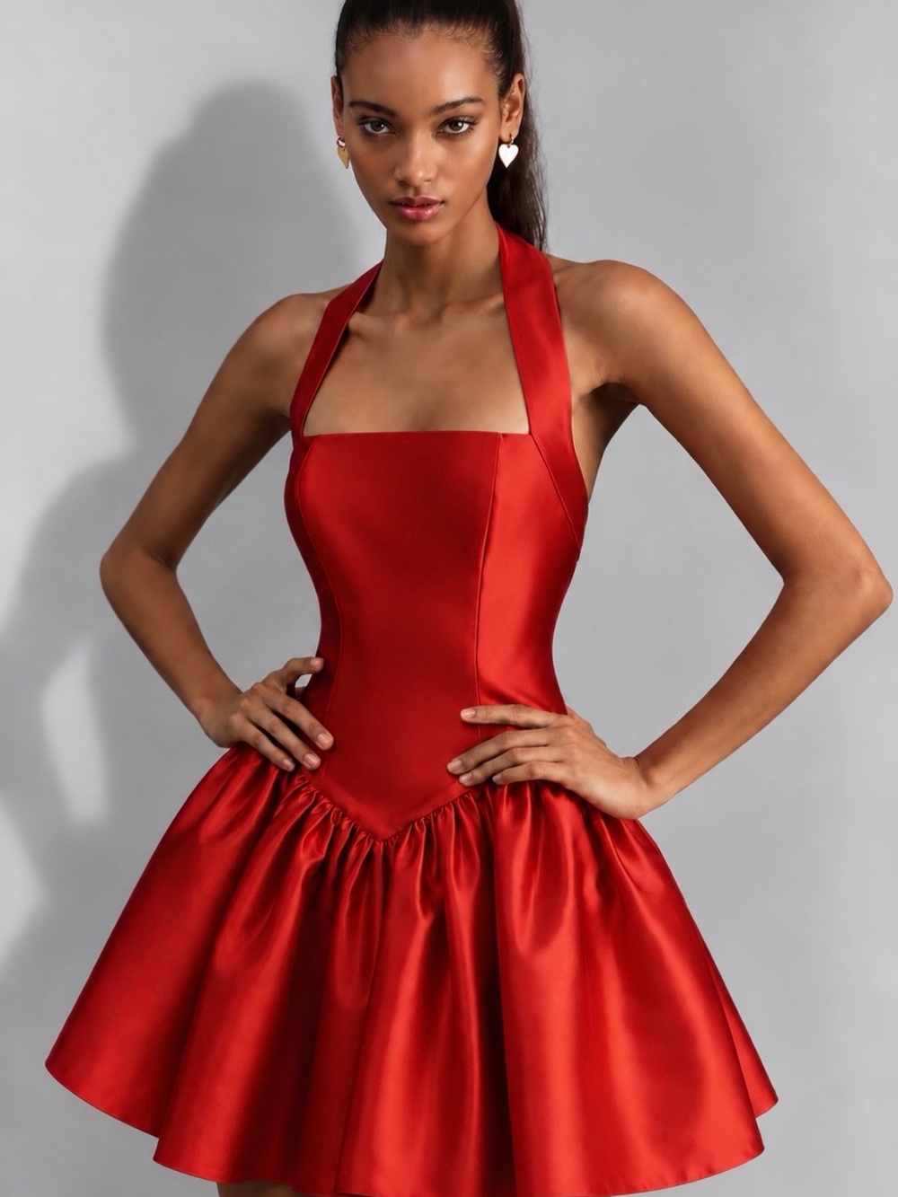 Anthropologie MARE MARE Rebecca Red Satin Halter Fit-and-Flare Mini Dress Size M